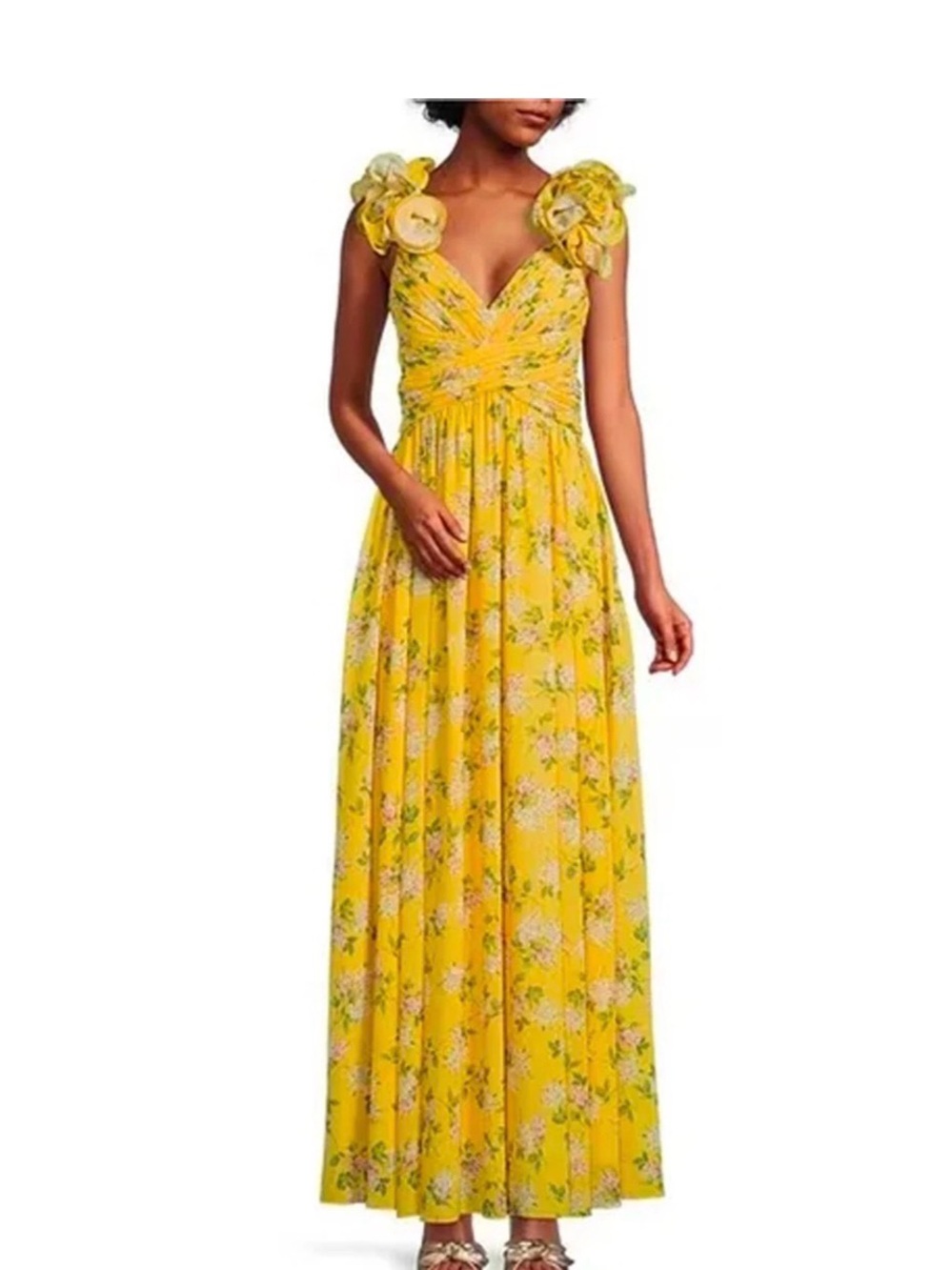 ANTONIO MELANI Yellow Floral Maxi Dress with Ruffled Shoulder Flowers
